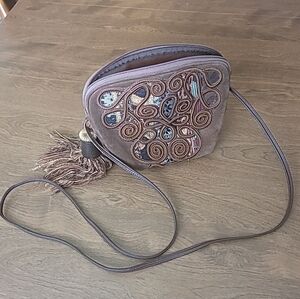 Embroidered Brown Crossbody Bag Suede Leather‎ Small